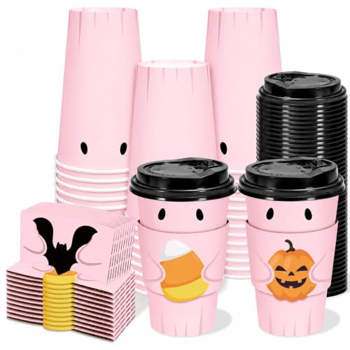Disposable Coffee Cups with Lids & Sleeves - Pink Ghost Halloween 16 Oz - Pack of 60