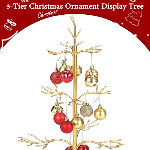 Gold Ornament Display Tree Stand, Metal Branch Design for Holiday & Year-Round Decor