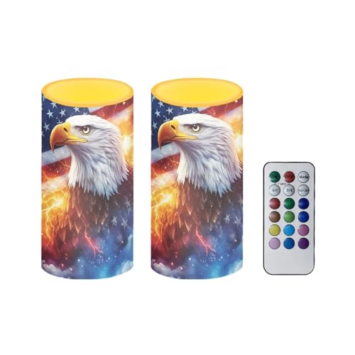 4th of July Indoor Flameless Candles with Eagle American Flag - Remote & Timer Set of 2