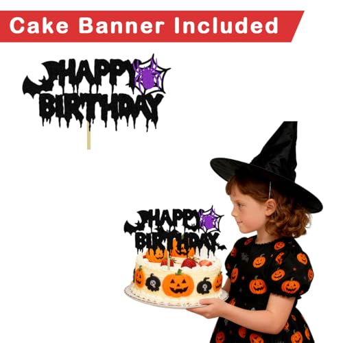 Halloween Birthday Banner Glitter Black & Violet with Spider Bats Decor