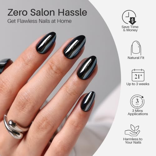 Press On Nails Liquid Onyx Short Almond Black Chrome 32 Count - Salon-Quality Manicure