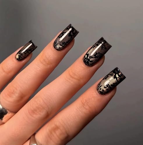 BABALAL Press On Nails Medium Square Black Lace Full Cover with Glossy Finish - Variation O04-01