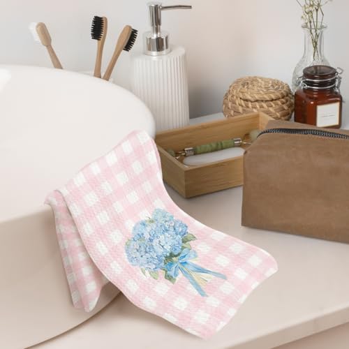 Hydrangea Floral Kitchen Towels - Pink & White Checkered Hand Dish Towels, 16x24 Inch, Variation 1