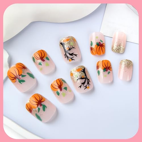 Fall Pumpkin French Tip Press On Nails Short Square Glitter Artificial Nails for Women - Autumn Variation