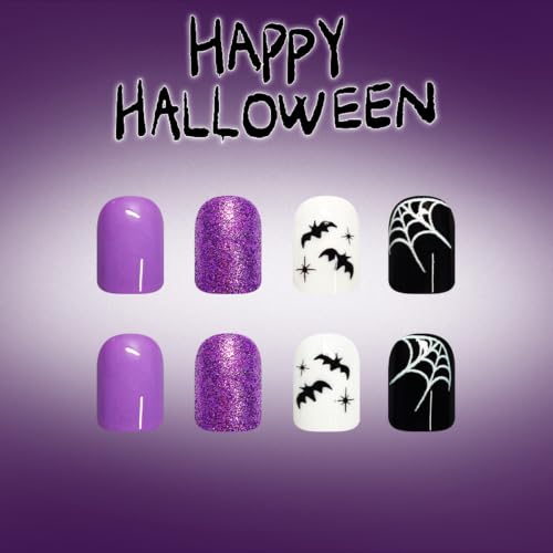 Halloween Fake Nails Short Square Press On Nails with Purple Glitter Cobweb Bat Ghost Design - Variation H6