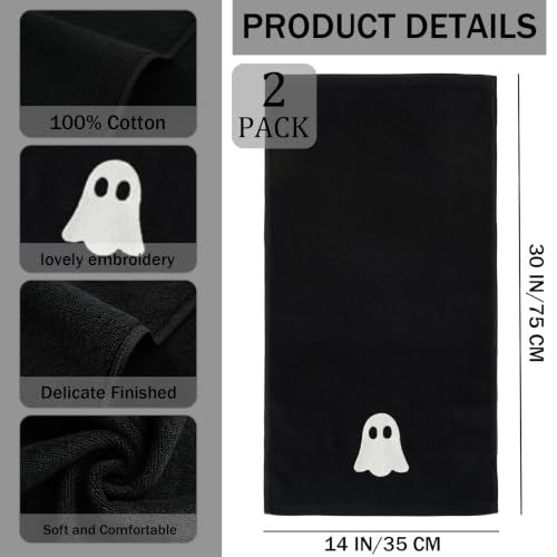 Halloween Hand Towels Set of 2 - Embroidered Ghost Bathroom Decor - Black Ghost Variation
