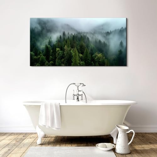 Misty Green Mountain Forest Wall Art - 20x40 Inch Canvas Landscape Decor - Variation of 40L x 20W / Green Forest