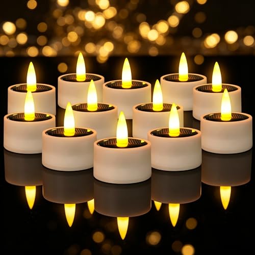 12 Pcs Solar Tea Lights Outdoor Waterproof LED Candles - 1.57''x1.77'' - Flickering Flameless Decoration