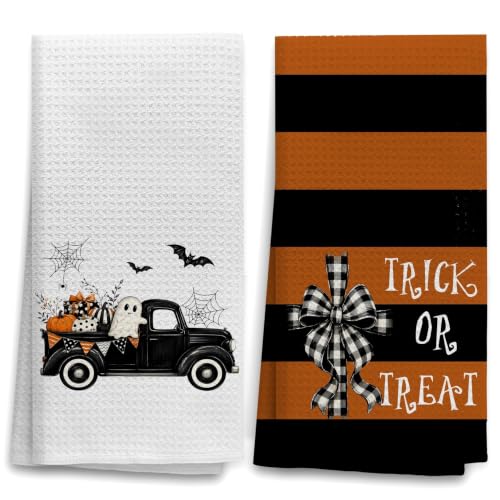 Halloween Pumpkin Dish Towels Set of 2 - Goblin Car Design Kitchen Hand Towels 16x24