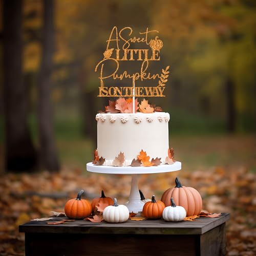 Fall Baby Shower Cake Topper - Orange Glitter Pumpkin & Leaves Decor