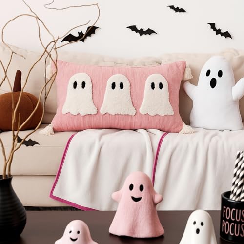Halloween Ghost Lumbar Throw Pillow with Tassels - Pink, 14x26 Inches