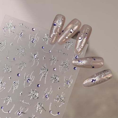 Halloween Silver Spider Nail Stickers with Purple Rhinestones - Style 28