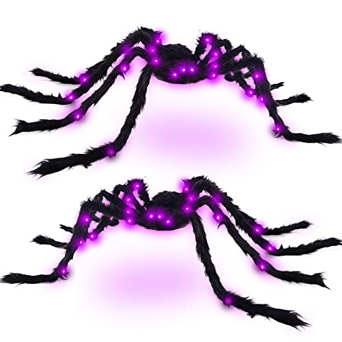 Halloween Spider Decorations Light Up 4ft Giant Spiders - Black & Purple (2 Pack) - HalloweenB