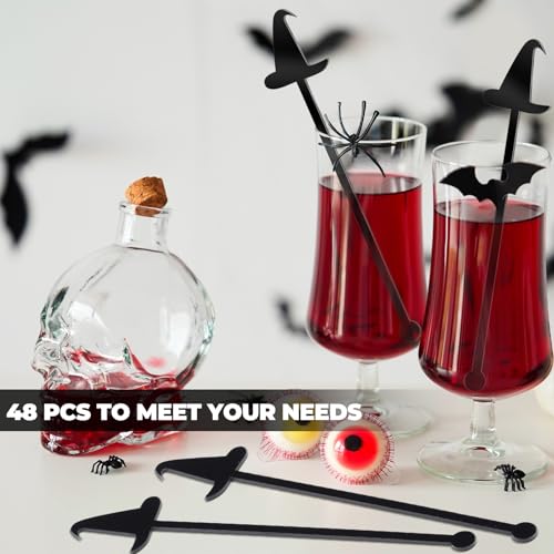 48 Pack Witch Hat Cocktail Stir Sticks - Black Plastic Drink Mixers, Party Supplies