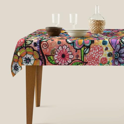Hippie Flowers Rectangular Tablecloth 60x90 Inch Washable Outdoor Dining Cover - Boho Decor