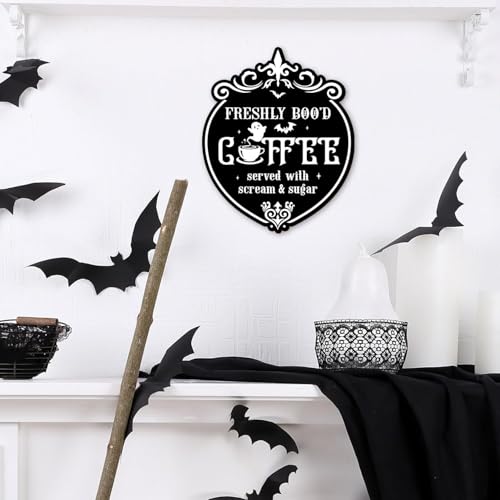 Halloween Coffee Bar Decor Sign - Funny Wooden Ghost & Bat Wall Art - Coffee Variation