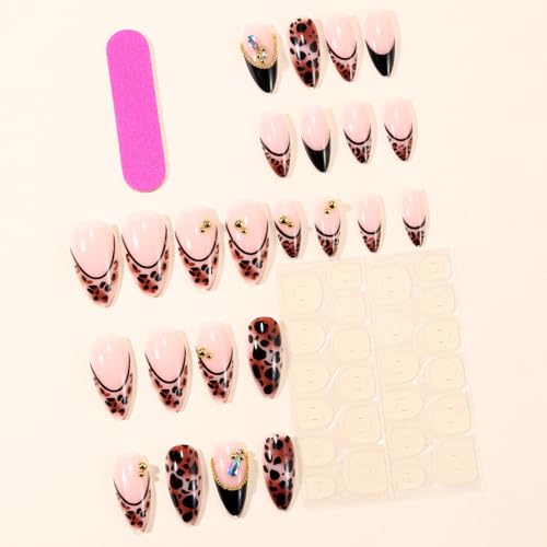 French Black Leopard Print Press On Nails with Gold Beads - Reusable Almond Fake Nails for Women & Men