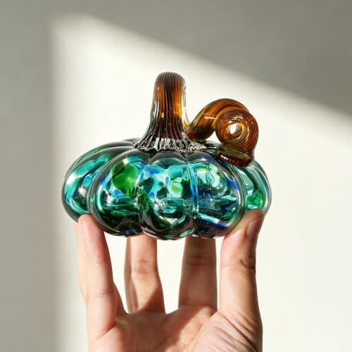 Green Blown Glass Pumpkins Figurines - Fall Thanksgiving Halloween Decor - Set of 3