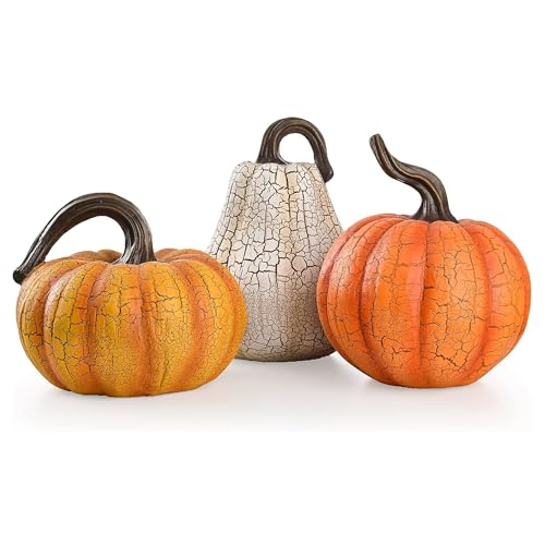 Medium Fall Pumpkin Decorations Set - Cracked Resin Pumpkins for Autumn & Thanksgiving Home Decor