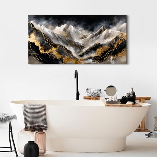Abstract Mountain Wall Art Canvas - Black & Gold Watercolor Landscape - 40"L x 20"W - Mount01