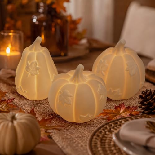 Lighted Ceramic Pumpkin Set of 3 Fall Table Centerpieces - White Halloween Thanksgiving Decor