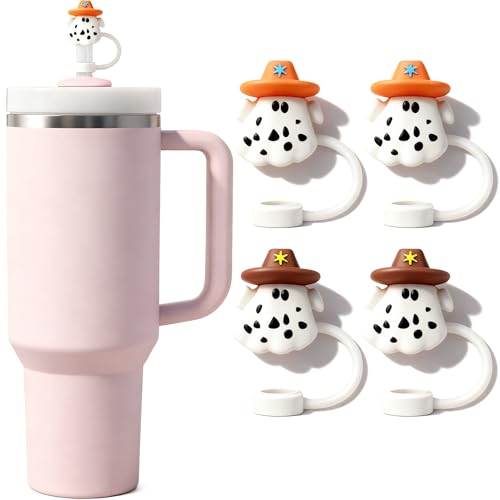 Halloween Ghost Straw Toppers - 4 Pack Reusable Silicone Drink Covers for Stanley Cups