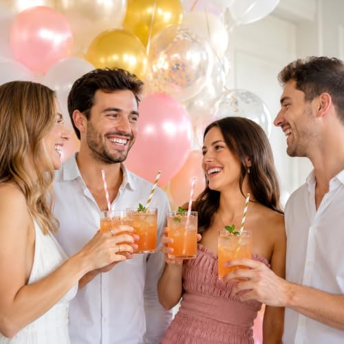 Pink and Gold Biodegradable Striped Paper Drinking Straws - 100 Pack for Parties