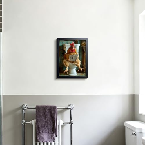 A-Rooster Framed Canvas Wall Art - Humorous Bathroom Decor 16x12 Inches