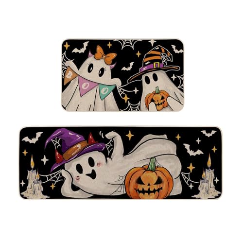 Halloween Kitchen Rugs Set of 2 - Ghost & Witch Design, 17x29 & 17x47 Inches, Multi-Color