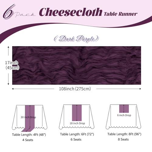 6 Pack Dark Purple Cheesecloth Table Runner 17 x 108 Inch Boho Wedding Decor
