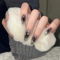Star Press-On Nails Medium Coffin Shape Black Gradient Moon & Star Design - Reusable Silver Gray Fake Nails for Women & Girls - 24pcs