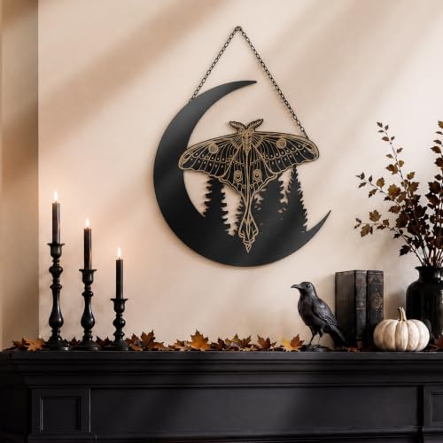 Gothic Luna Moth Wall Art Decor Halloween Moon & Forest Scene 12 Inch