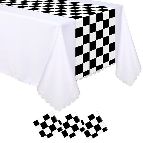 Preboun 3 Pcs Black White Checkered Plastic Table Runner - 14 x 108 Inches - Racing Theme Party Supplies
