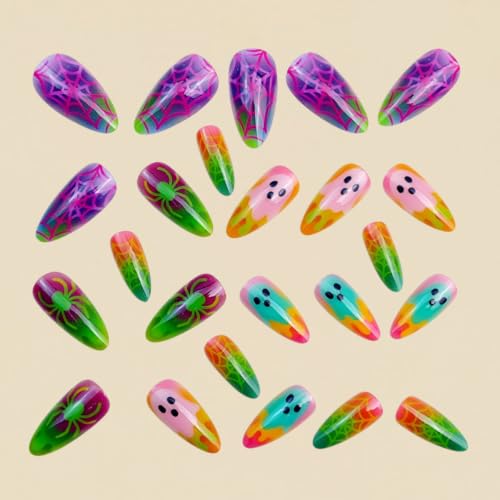 Halloween Medium Almond Press-On Nails Style19 Colorful Ghost Spiderweb Design 24PCS