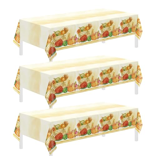 Childom 3 Pack Thanksgiving Plastic Tablecloths 54x108 Inch - Fall Harvest Decor