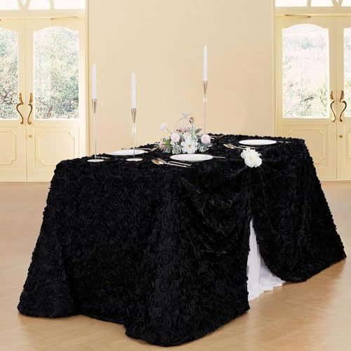 Black 3D Floral Rosette Satin Tablecloth 90x156 Inches for Wedding & Party