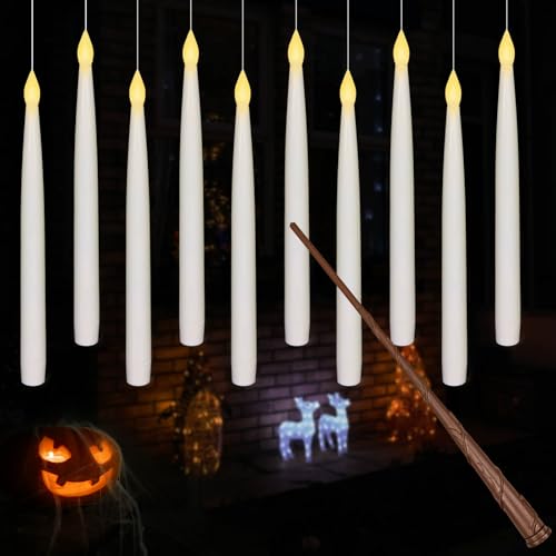 White Floating Candles with Wand - 10.8 Inch LED Set for Halloween & Party Decor - Leejec 10Pcs