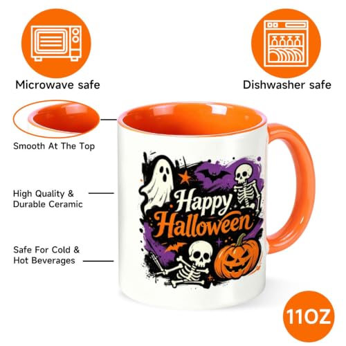Halloween Coffee Mug - Happy Halloween Ghost Skeleton Pumpkin Bat Ceramic Cup - Spooky Cute 11oz