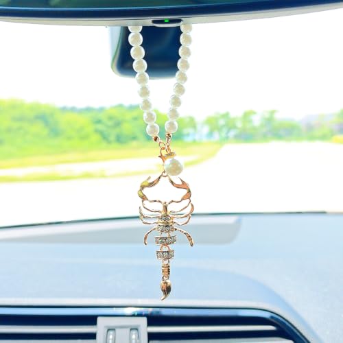 Golden Bling Scorpion Rear View Mirror Charm with Pearl Chain – Car Decoration