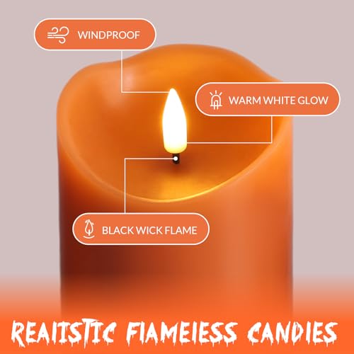 Eywamage Burnt Orange Fall Halloween Flameless Pillar Candles with Remote Set of 3
