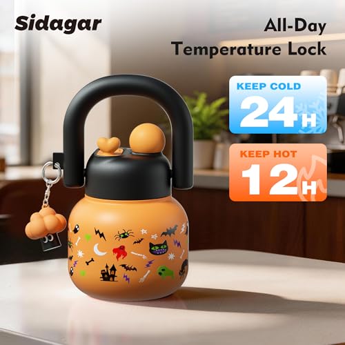 22 oz Insulated Halloween Orange Water Bottle with Handle, Leakproof, Ghost & Bat Icons