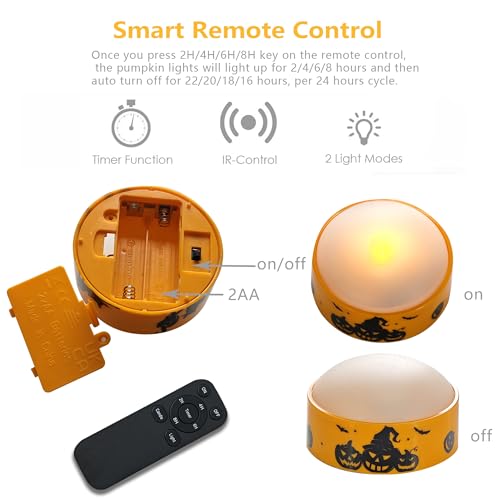 Halloween LED Pumpkin Lights with Remote Control - 12 Pack Orange with Decals