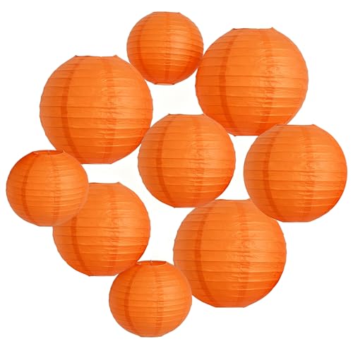 Orange Paper Lanterns for Party Decorations - 8, 10, 12 Inch, 9pcs, Mixed Sizes
