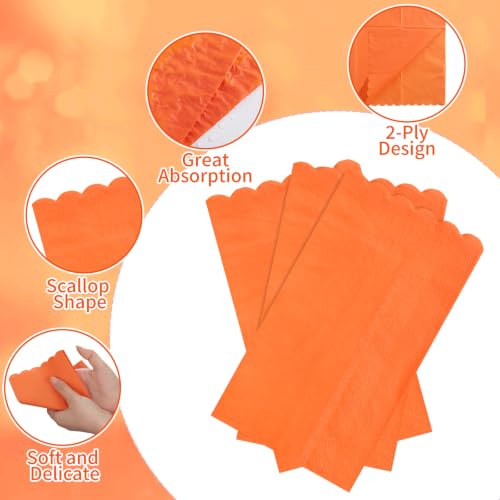 Orange Disposable Napkins - 60 Pack, 2-Ply Scalloped Fall Party Napkins