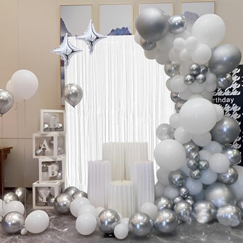 White Foil Fringe Curtain 3.3×8.3FT - 2 Pack Metallic Tinsel Party Streamers
