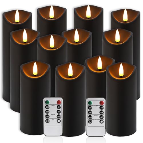 Flickering Flameless Candles Set - Battery Operated LED Pillar Candles with Remote & Timer - Ivory & Black, 12 Pack