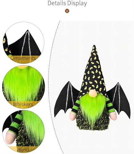 Halloween Bat Wing Gnome Decorations - Set of 2, Green Plush Gnomes with Black Hats - Handmade Holiday Home Decor - Bat Wing Variation