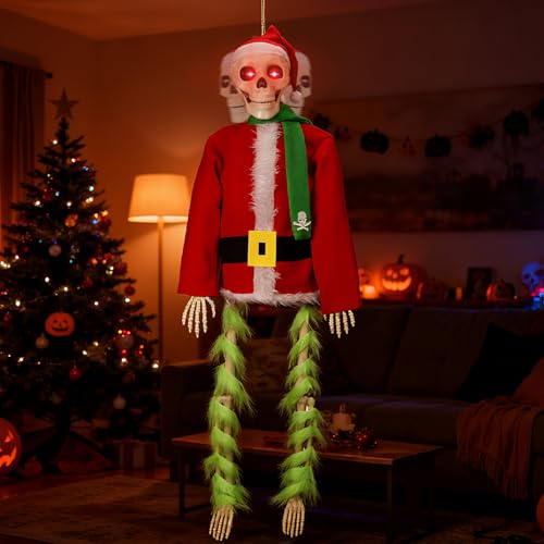 Light-Up Hanging Skeleton Santa Decoration for Halloween and Christmas Outdoor Garden Decor