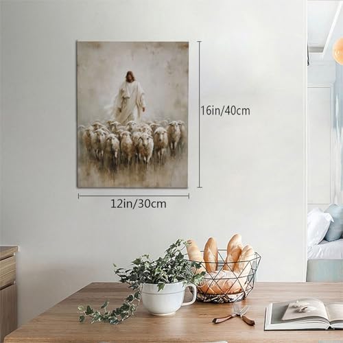 Jesus and Lamb Wall Art Canvas Print Religious Decor for Living Room Bedroom - 16x12 Inches