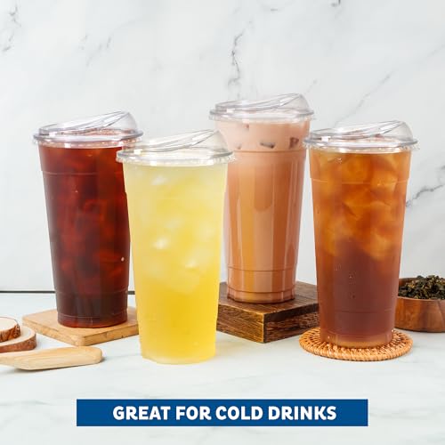24 oz Clear Disposable Plastic Cups with Strawless Sip Lids - 100 Pack